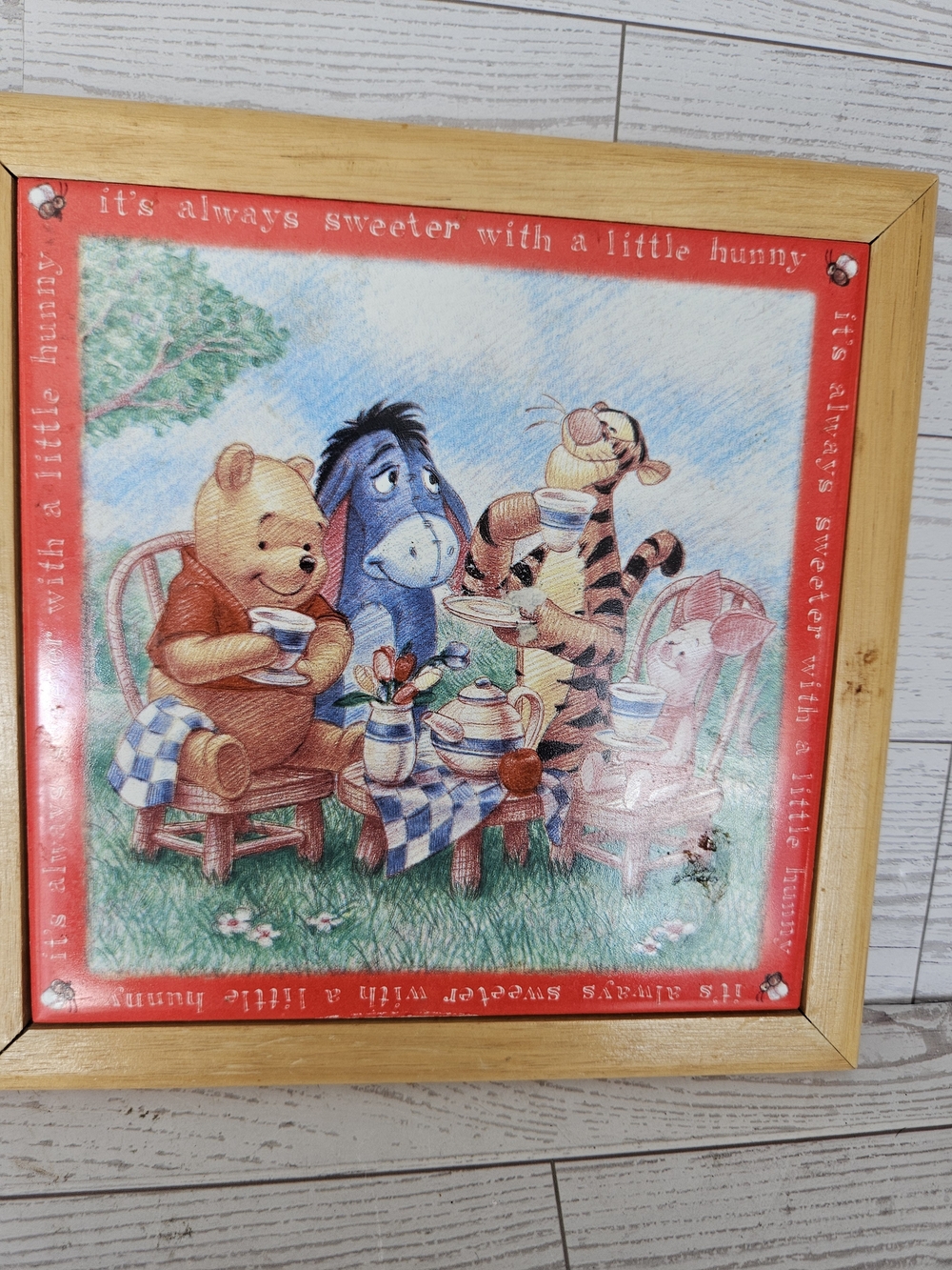 Vintage Disney Simply Pooh Ceramic Tile Trivet Wall Plaque Frame 7x7 Tea Party